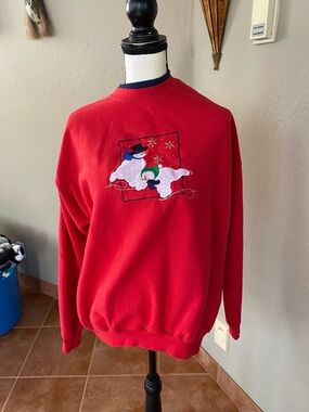 Men's Red Crewneck Sweater with Snowman Embroidery